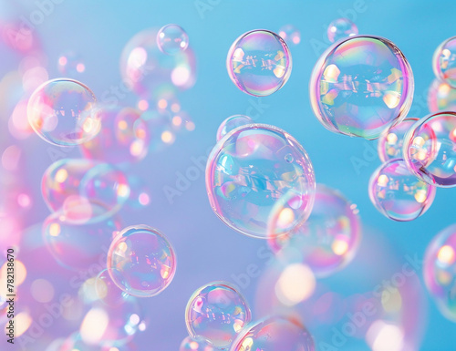 A bunch of soap bubbles floating on a blue, pink AI-generated Image