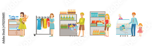 People Character Do Shopping and Purchase in Store Vector Set