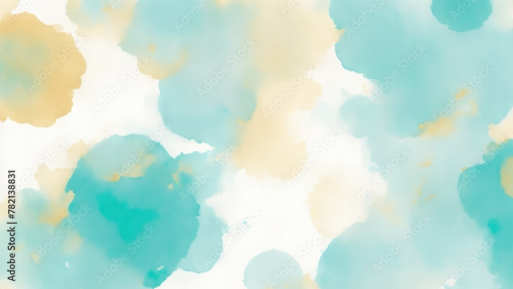 Hazy watercolor splashes of pastel Cyan Teal Gold and white Background