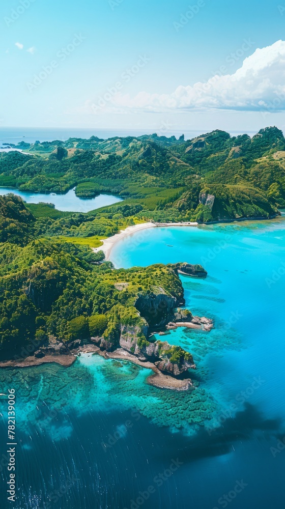 A captivating aerial view of a coastal paradise with sandy beaches, turquoise waters, and lush green islands, under a clear sunny sky A captivating aerial view of a coastal paradise with sandy beaches, turquoise waters, and lush green islands, under a clear sunny sky