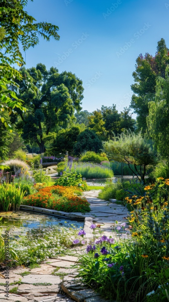 A lush botanical garden with colorful blooms, winding paths, and tranquil ponds, under a bright summer sun and clear blue skies