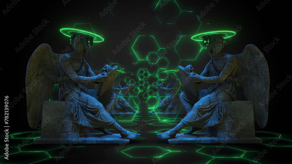 Rows of stone Angle statues with digital light effects and a neon halo, wearing headphones. - obrazy, fototapety, plakaty 