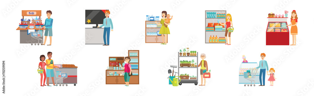 People Character Do Shopping and Purchase in Store Vector Set People Character Do Shopping and Purchase in Store Vector Set