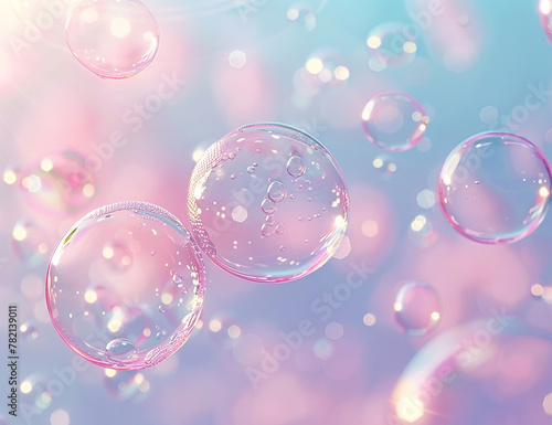 A bunch of soap bubbles floating on a blue, pink AI-generated Image