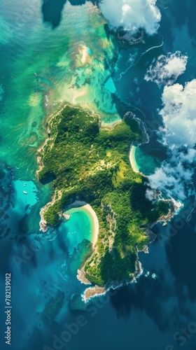 A captivating aerial view of a coastal paradise with sandy beaches, turquoise waters, and lush green islands, under a clear sunny sky