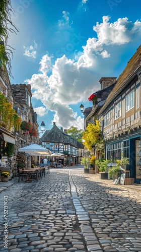 A charming village square with cobblestone streets, quaint cafes, and colorful storefronts, against a backdrop of clear blue skies and puffy white clouds