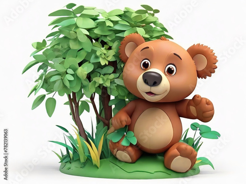 Cute little brown bear in the bushes in the forest Realistic vector landscape 3D isolated white background