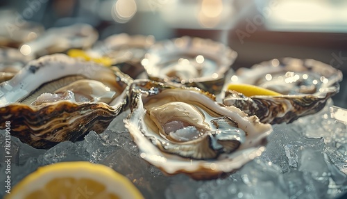 Oyster Bar Delights, Showcase the elegance and sophistication of an oyster bar with images of freshly shucked oysters served on ice, accompanied by lemon wedges and mignonette sauce photo