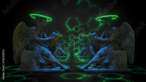 Rows of stone Angle statues with digital light effects and a neon halo, wearing headphones. photo
