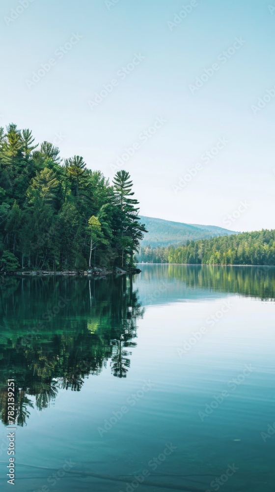 lakeside retreat with calm waters, forested shores, and a distant mountain backdrop, under a clear summer sky