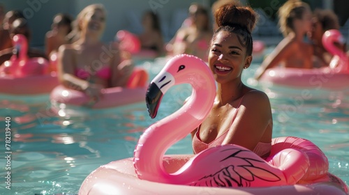 Party attendees laugh and chat while floating in the pool with flamingo-shaped floaties, embodying joy and vitality