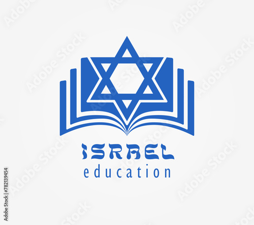 Israel educational logo concept. Smartphone app creative icon. Open blue book with David star. Digital Torah symbol. Isolated elements. Educational sign. School logotype template. Social media banner.