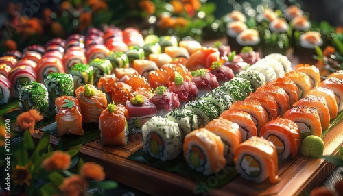 Sushi Symphony, Showcase the artistry and elegance of sushi with images of beautifully crafted sushi rolls, sashimi platters, and nigiri assortments