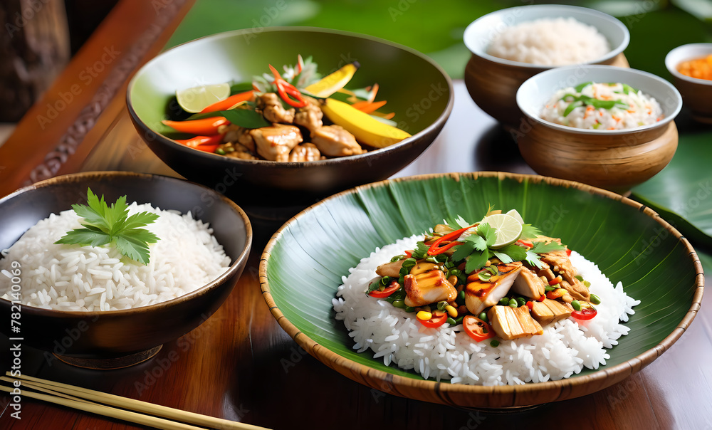 best quality A wooden table set with an array of traditional Thai dishes, including a colorful vegetable salad at the center best quality A wooden table set with an array of traditional Thai dishes, including a colorful vegetable salad at the center