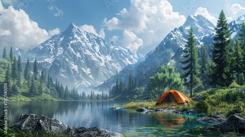 Solo wilderness retreat, Illustrate a lone camper surrounded by pristine nature, finding solace and introspection in the quiet solitude of the wilderness © Chom