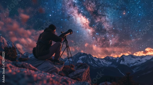Stargazing adventure, Photograph enthusiasts setting up telescopes or simply lying back to admire the night sky, capturing the awe and wonder of stargazing in remote locations