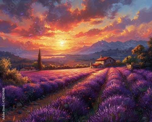 Lavender fields at sunset, color bathing the landscape