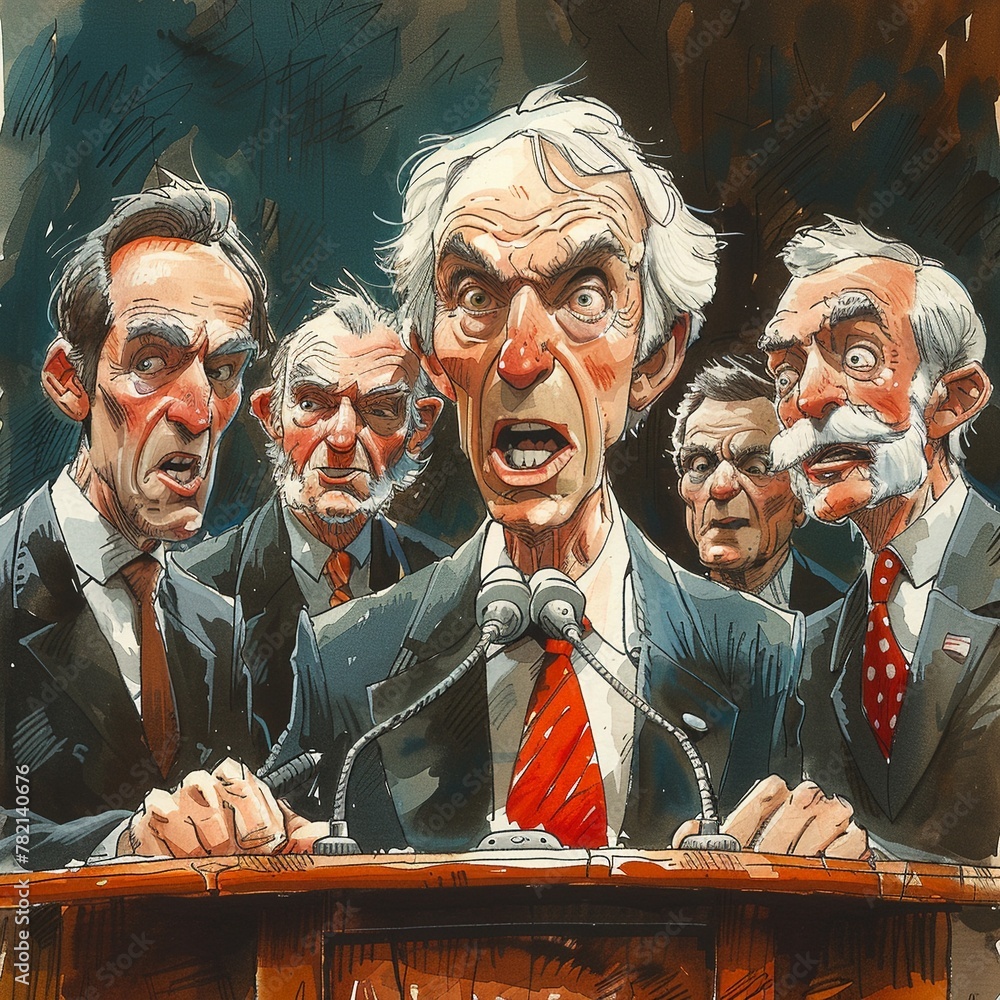 Satirical cartoon of politicians in a debate, exaggerated expressions Satirical cartoon of politicians in a debate, exaggerated expressions