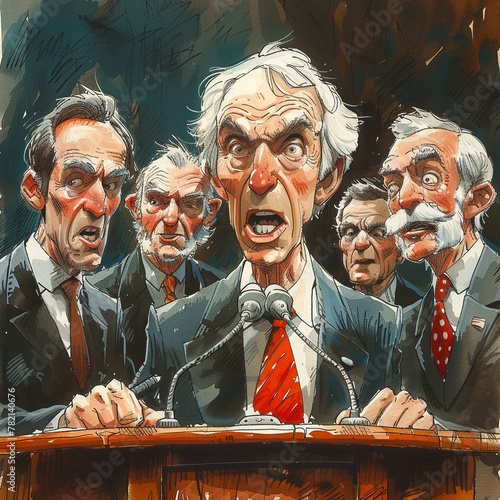 Satirical cartoon of politicians in a debate, exaggerated expressions photo