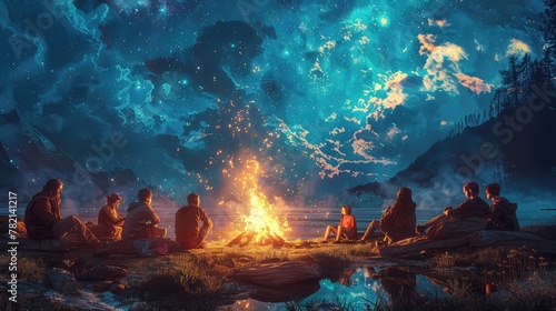 Campfire storytelling, Depict campers gathered around a crackling campfire, sharing stories and laughter under the night sky photo