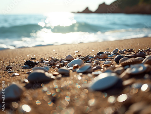 Close-up of rocks and shells on a sandy beach with the sea as a backdrop 