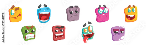 Funny Colorful Square Faces and Grimace Vector Set