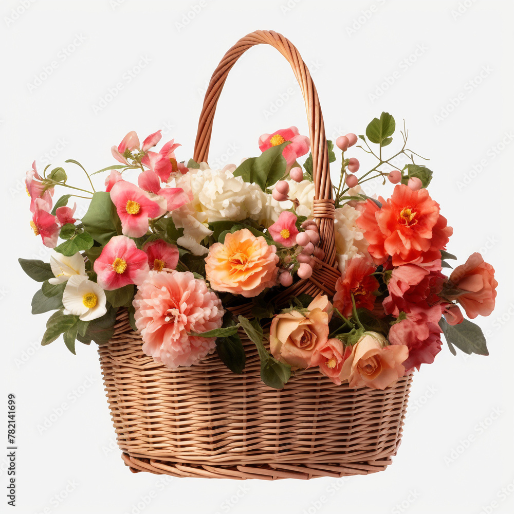 Lots of red and pink flowers in a basket on a white background	