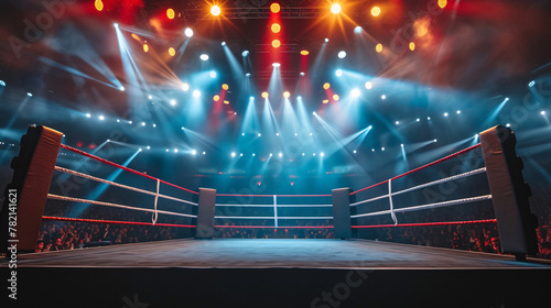 Professional Boxing Ring Illuminated by Spotlights