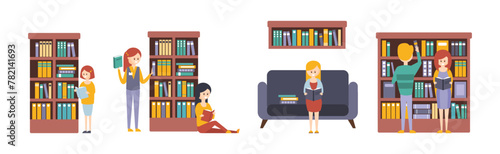 Library and Bookstore with People Character Reading Choosing Book Vector Set