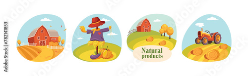 Farm Natural Product with Barn House, Hay Field, Tractor and Vegetables Vector Set