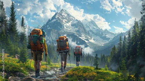 Backpacking expedition, Illustrate backpackers trekking through remote wilderness photo