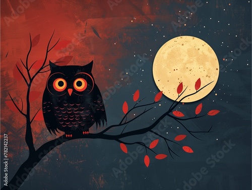 Cartoon style of a cute owl sitting on a tree branch with moonlight, flat design illustration. photo