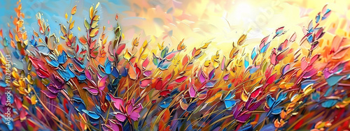 Radiant Sunrise over Colorful Wildflower Field: Vivid Impasto Technique Painting