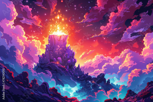 A digital painting of a fantasy landscape. There is a large mountain in the center of the image  with a glowing crater at the top. The sky is a vibrant mix of oranges  pinks  and purples  with clouds
