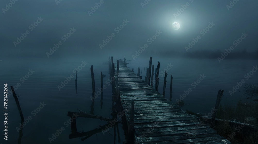 A lone, dilapidated pier stretching into a mist covered lake under a new moon, the darkness amplifying the quiet isolation of the scene