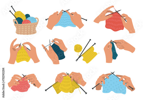 Set of hand knits. Handmade. Yarn, knitting needles. Vector flat linear illustration isolated on white