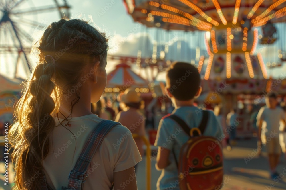 Children enjoying the sunset at amusement park with ferris wheel in the background on a summer evening
