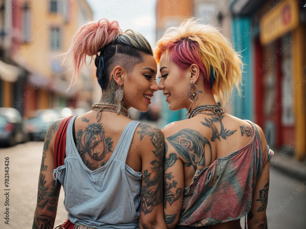 Alternative lesbian girls couple walking on the street, in love. LGBTQ community, pride concept. Alternative lesbian girls couple walking on the street, in love. LGBTQ community, pride concept.