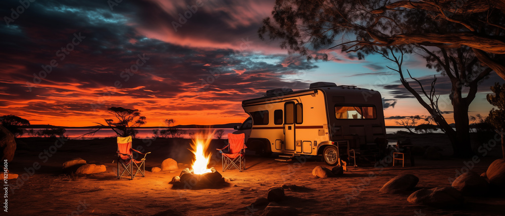 Coastal Camping Getaway: Campervan Beside a Bonfire at Twilight