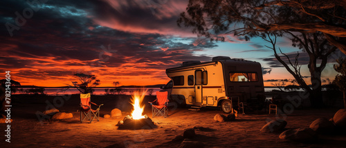 Coastal Camping Getaway  Campervan Beside a Bonfire at Twilight