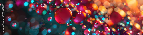 Vibrant droplets adorn a surface, backlit by a blur of multicolored lights photo