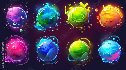 The pictures show magic fantastic worlds, cosmic objects of different colors with bubbles, holes, and spirals in a space game. Cute planets and moons collection in modern form.