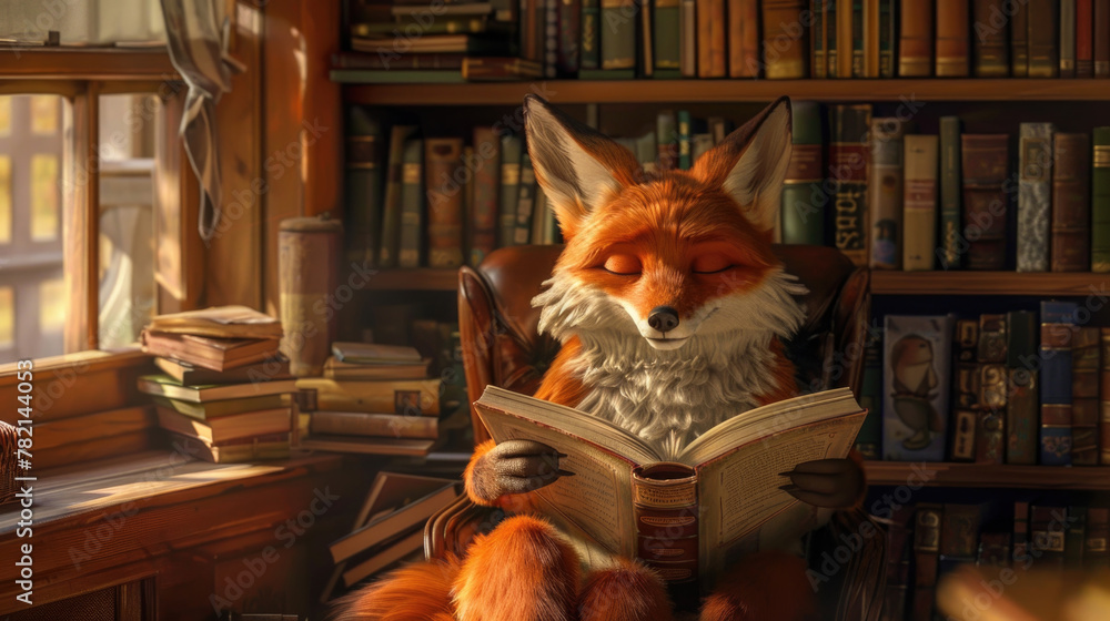 Obraz premium A fox is seated in a chair, engrossed in reading a book in library