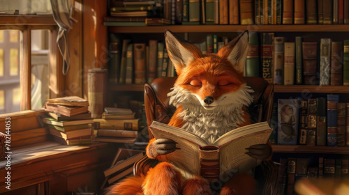 A fox is seated in a chair, engrossed in reading a book in library