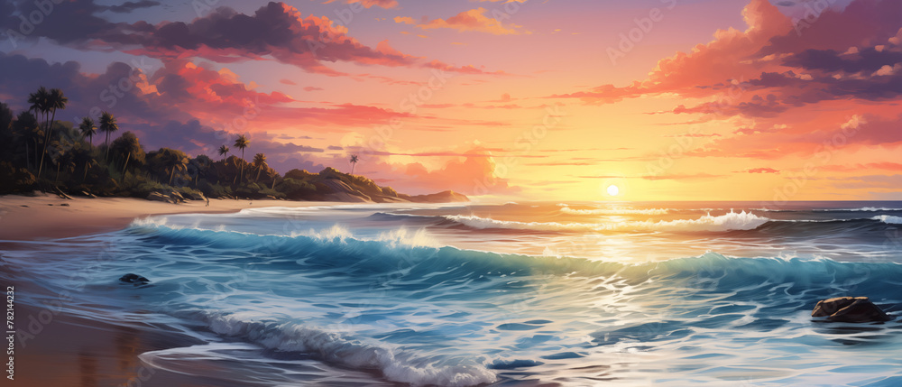 Tropical Sunset Painting with Palms and Crashing Waves