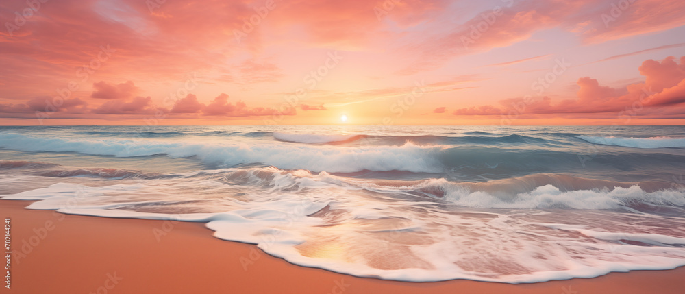 Golden Hour Glow on Pristine Beach with Sweeping Waves