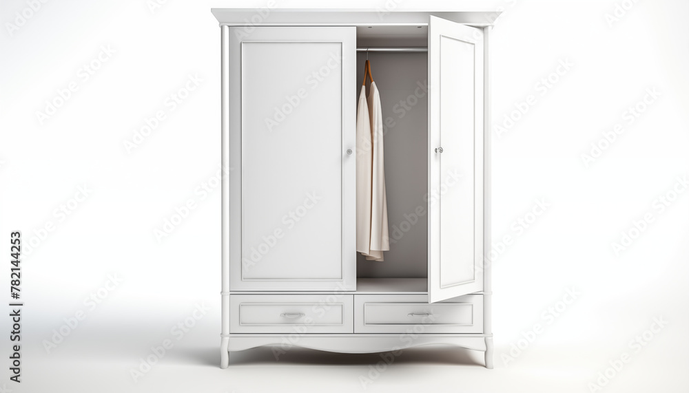 3D rendering of a classic white wooden wardrobe with two doors and two drawers isolated on a white background 3D rendering of a classic white wooden wardrobe with two doors and two drawers isolated on a white background