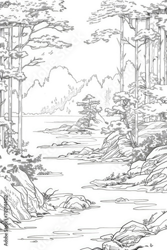 A drawing depicting a river meandering through a forest with tall trees along its banks
