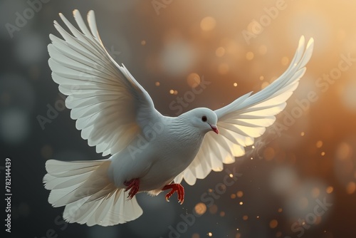 White Dove in Mid-Flight with Glowing Background