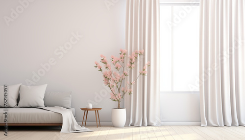 Bright living room interior with a sofa coffee table plant and large windows with white curtains